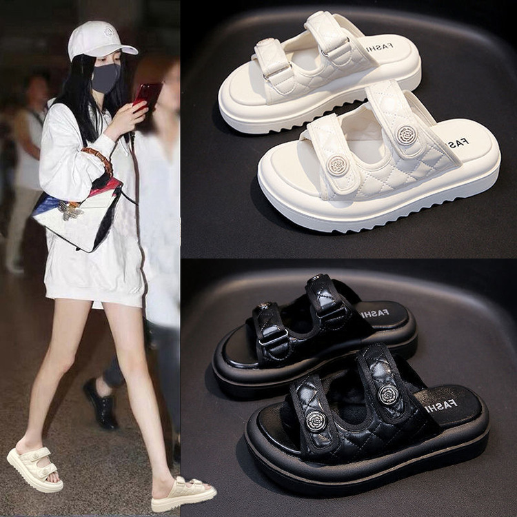 Women 2025 summer new small fragrant wind fish mouth half slippers to wear muffin thick-soled elevation sandals z250708N4U7
