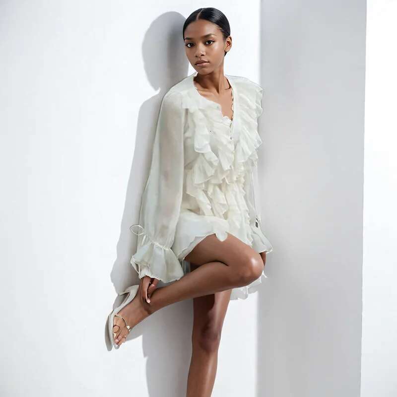 Women's Fashion Long Sleeves Ruffled Lace-Up Female V-Neck White Dresses Spring New Items 33A3756