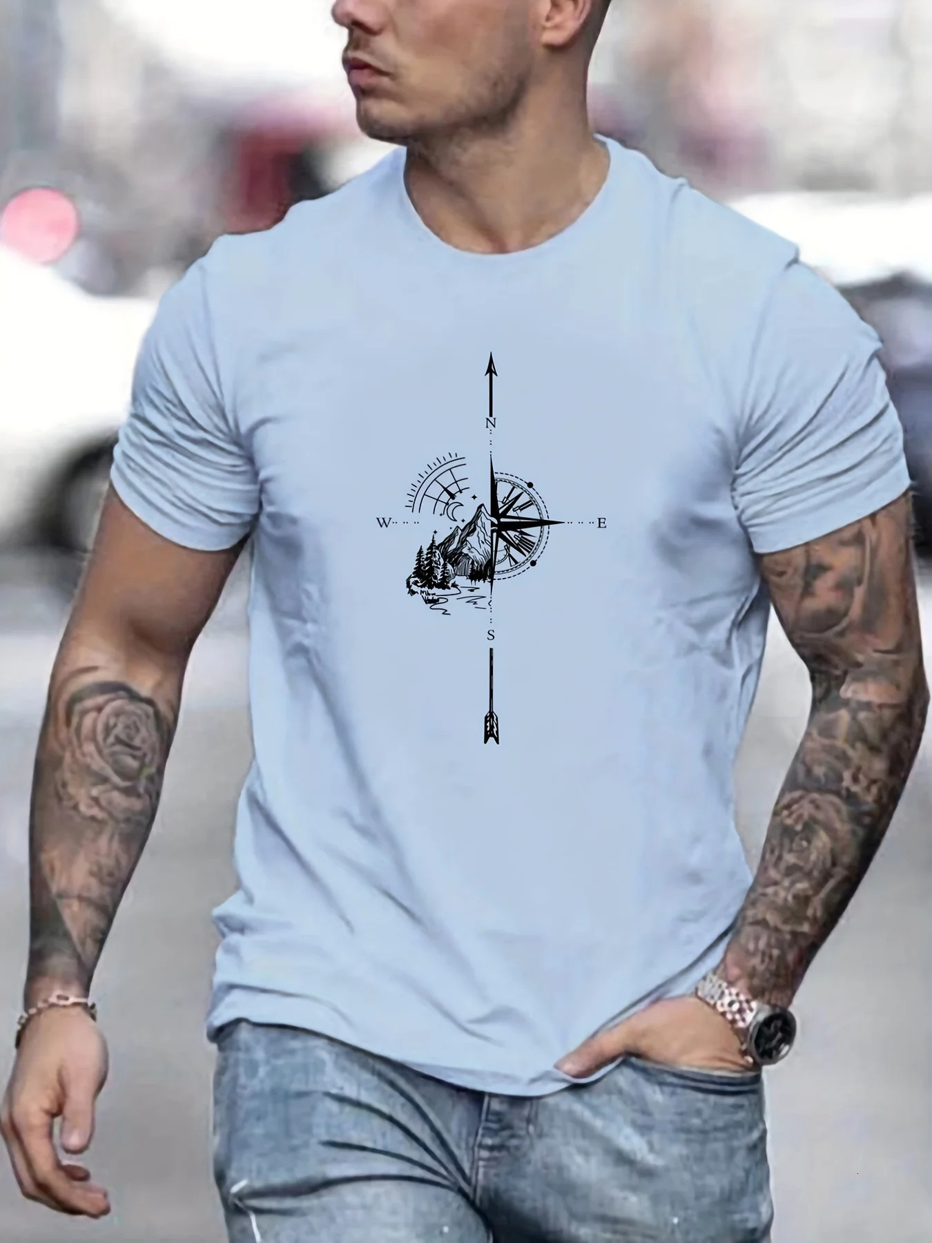 Mens Summer Casual Loose Size 100% Cotton Mountain Compass Pattern Printed Round Neck Short Sleeve T-shirt Top 250402