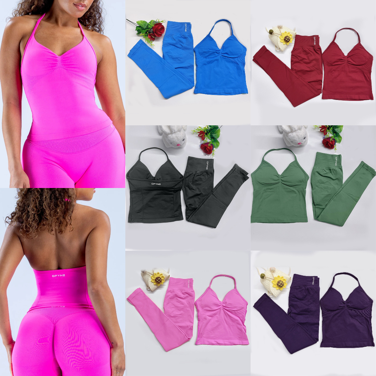 Dyfne two pieces Impact yoga leggings dfyn Workout Sets Longline Strappy Top Gym Set Women Backless Tank Top clothing Scrunch Seamless pant Gym Suit Fitness Clothes