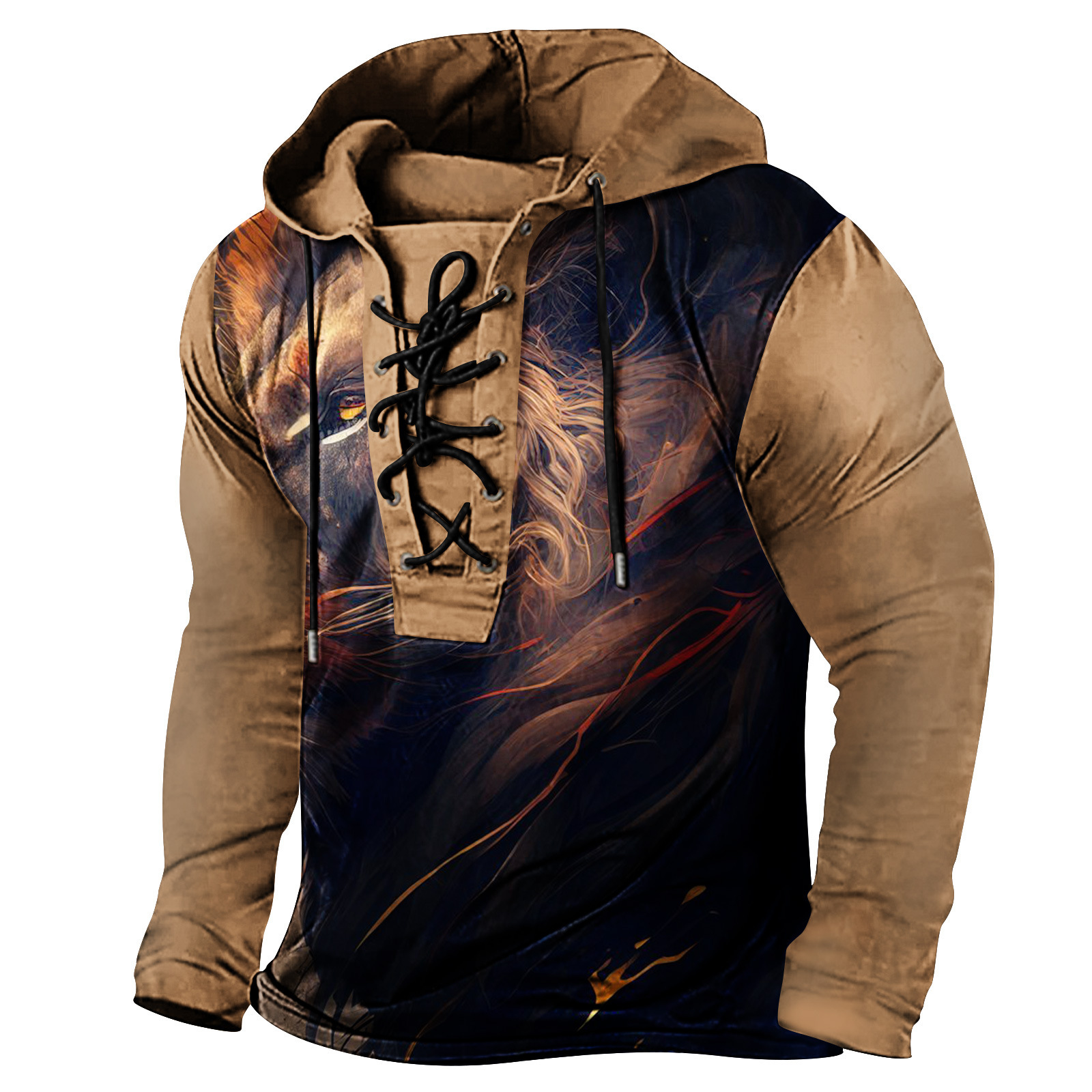Spring mens printed hooded long sleeved T-shirt with oversized drawstring and headband for men