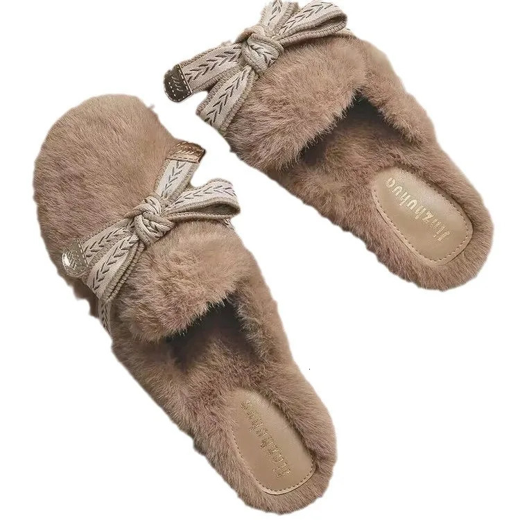 Bow Fur Flats Women Slippers Plush Slingback Mules Shoes Winter Home Cotton Casual Woman Flip-flops Trend Mujer Boots 251106