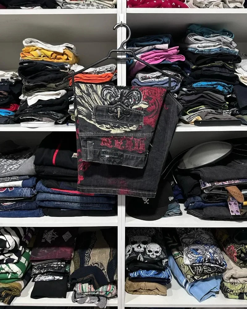 Gothic hip-hop wing oversized pattern printed mens denim shorts 2000s summer fashion street fashion y2k pants 250401