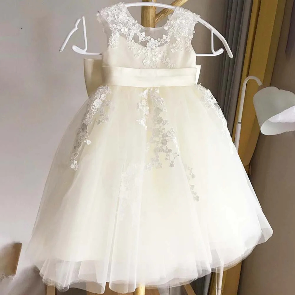 Tulle Peng Songhua Girl Dress Ivory Lace Satin Bow Sleeveless Childrens Birthday Ball Dress Princess First Communion Dress 250402