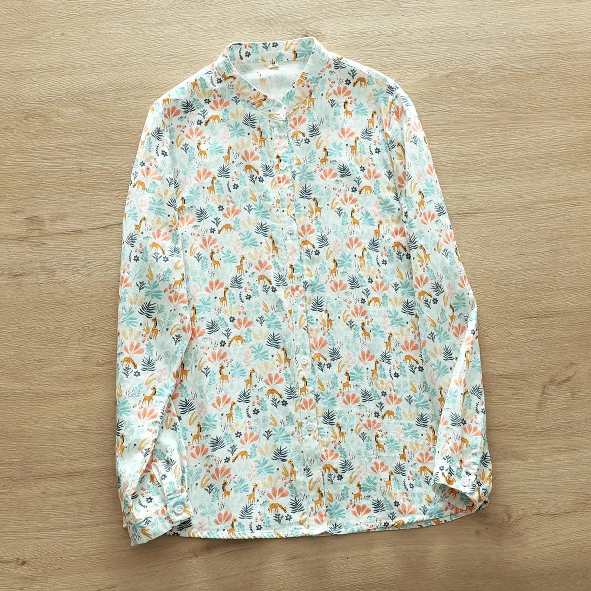 Double-layer Cotton Tulle Long-sleeved Shirt for Women Fresh Printed Small Stand Collar Soft Breathable Top 250402