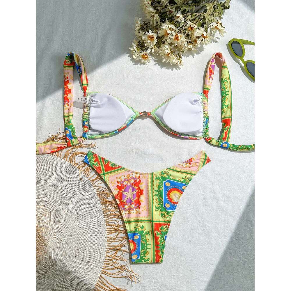 Vintage Green ral Print Bikini Set 2025 Sexy Metal Ring Push Up Micro Swimsuit Brazilian Bathing Suit Holiday Thong Swimwear