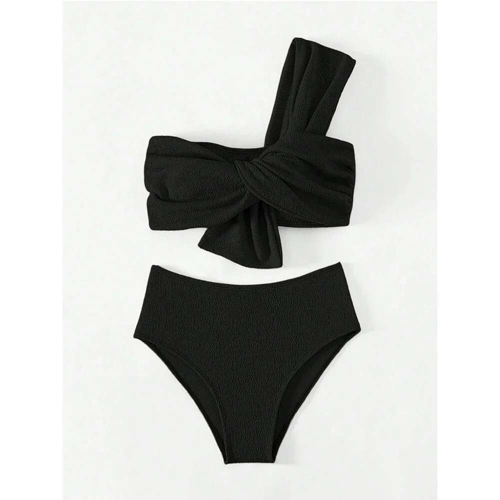 2024 Solid Color Tube Top Swimsuit Women 2-Piece High Waist Bikini Sexy Single Shoulder Backless Bathing Suit Summer Beachwear