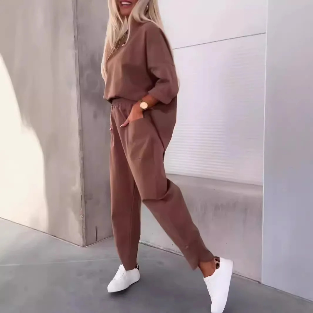 Womens twopiece pants set solid top ankle length sports matching Y2k Tshirt autumn and spring pocket 250403