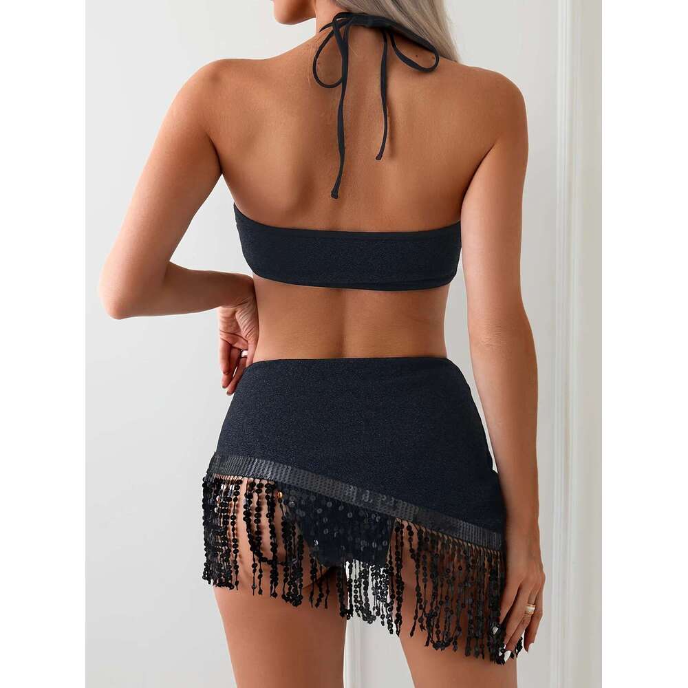 Solid Color Women's 3-Piece Tassel Skirt Swimsuit Sexy Halter Hollow Bikini Set High Waist Backless Beach Vacation Swimwear 2024