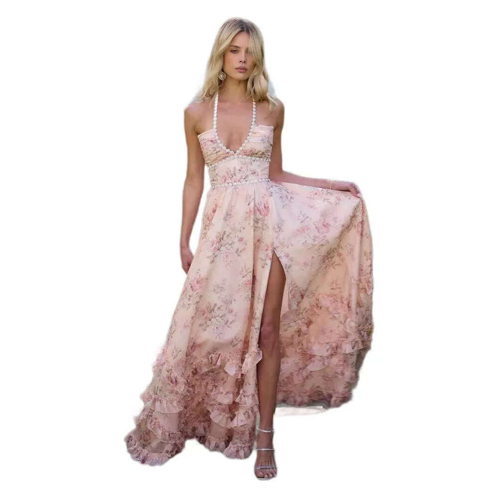 Cross-Border Foreign Trade European and American Women's Clothing Amazon 2025 Summer Fashion Sexy Backless Strap Flared Printed Dress