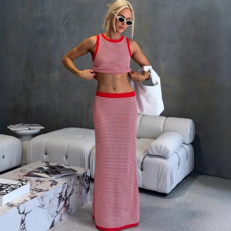 Tuularose Knitted Dress Two Piece Set Womens Knitted Sleeveless Striped Tank Top Ultra Thin Long Skirt Set Fashion Sexy Matching Set 250402
