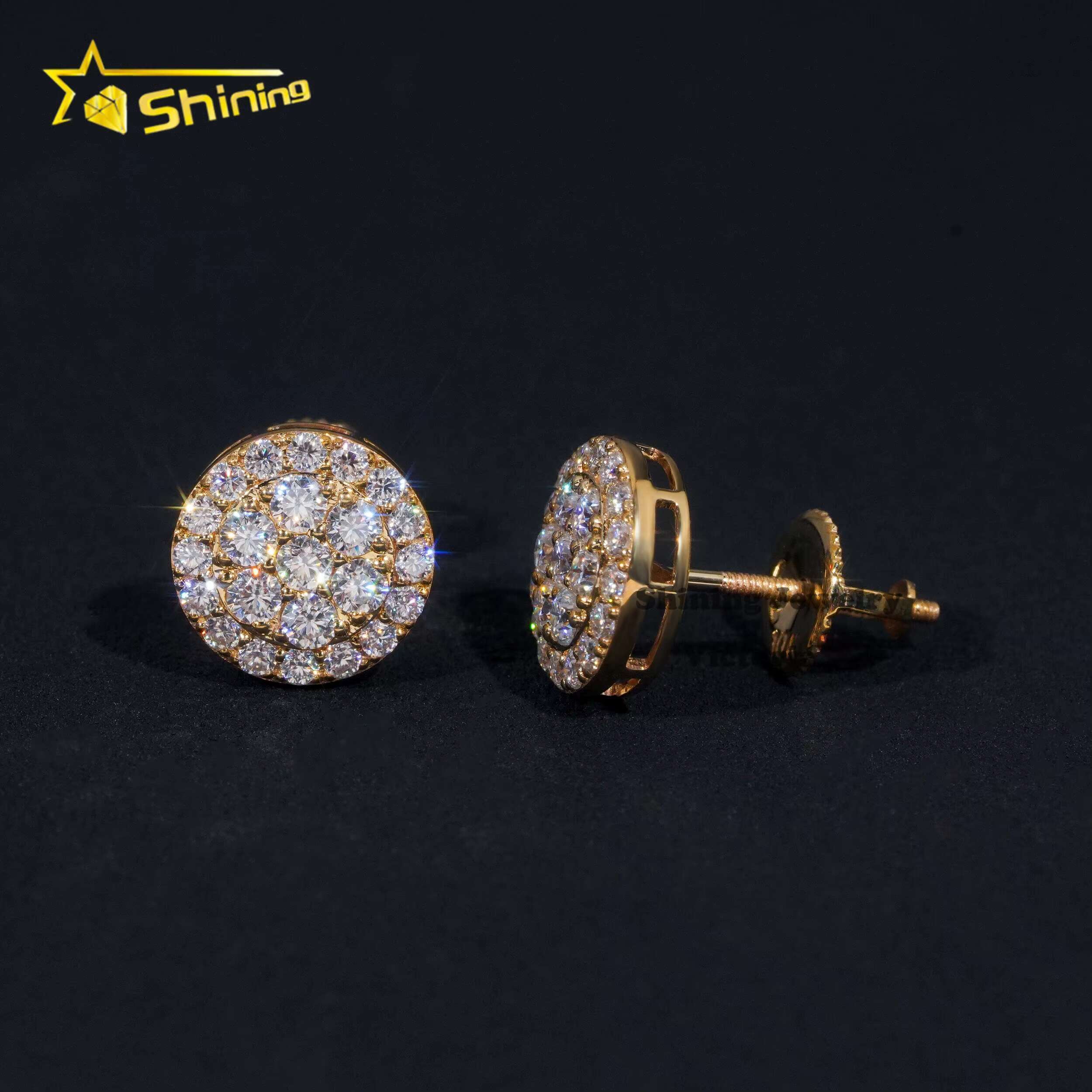New Arrival Hip Hop Cluster Dia 10MM Round Shape Screw Back 10K Real Gold Moissanite Stud Earrings