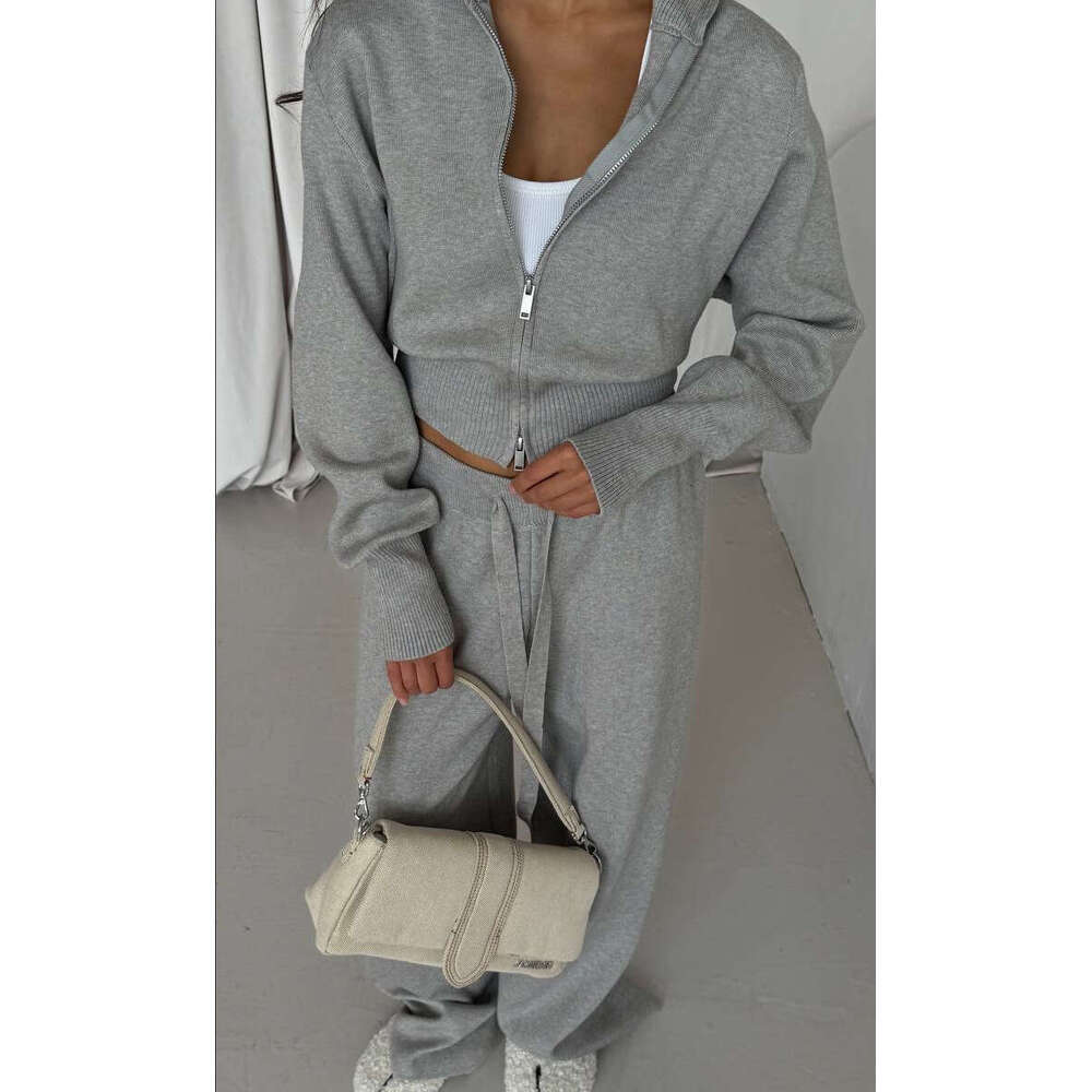 2025 Autumn New Solid Color Inner Knitted Two-Piece Set High-End Casual Elegant Straight-Leg Suit for Women Outerwear