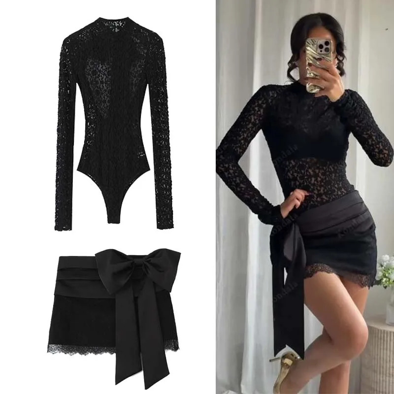 Chic Fashion Bow Splicing Lace Mini Skirts Two Piece Sets For Women Bodysuits Top Womens Suits Elegant Woman Outfits 251106