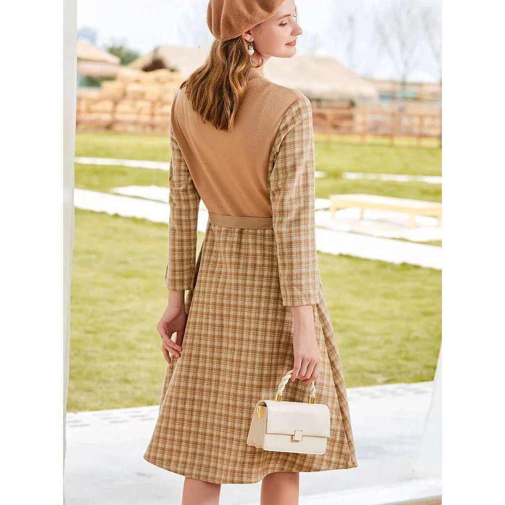 Women Dresses New Autumn Fake Two Wrist Plaid Winter Waist Slim Lace-Up Temperament Chic Dress