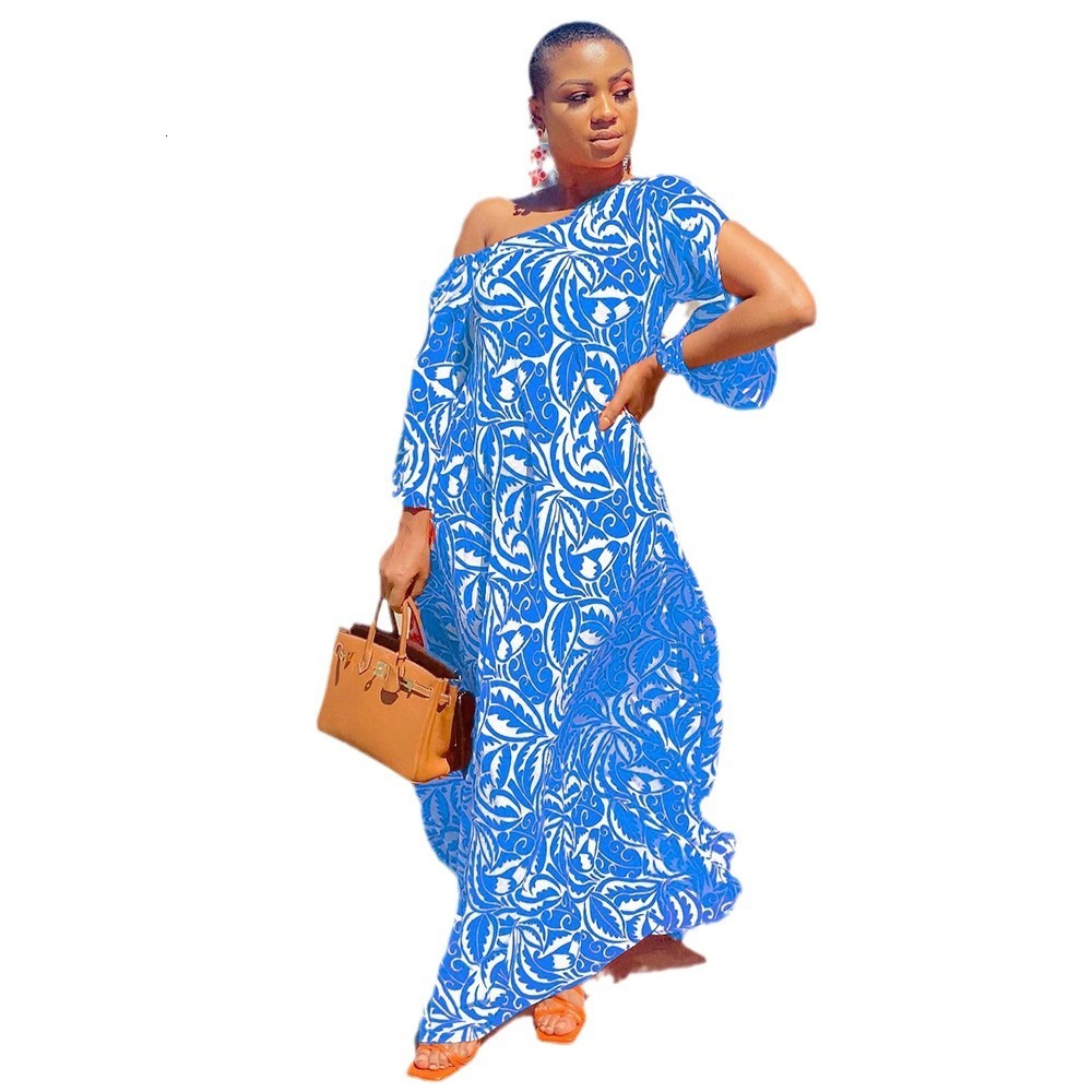 S9310 2025 Summer New Womens Printed Dress with Diagonal Shoulders and Medium Sleeves Loose and Sexy Long Dress