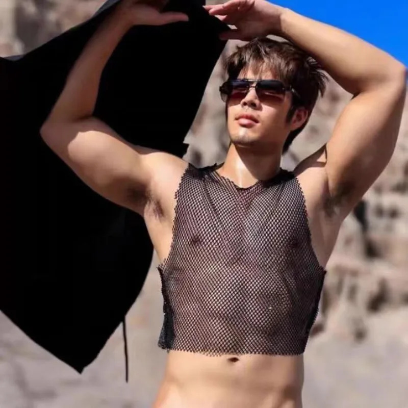 Mens vest sexy rhinestone fishnet sleeveless top hollow sports vest with stage display of mens clothing 250403
