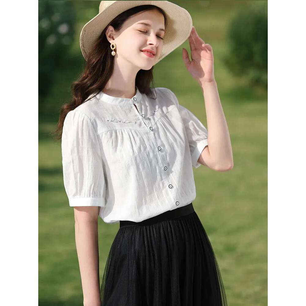 Chinese Puff Short-Sleeve Women Shirts 2025 Summer New Embroidery Chic Trendy Female Basics Blouses