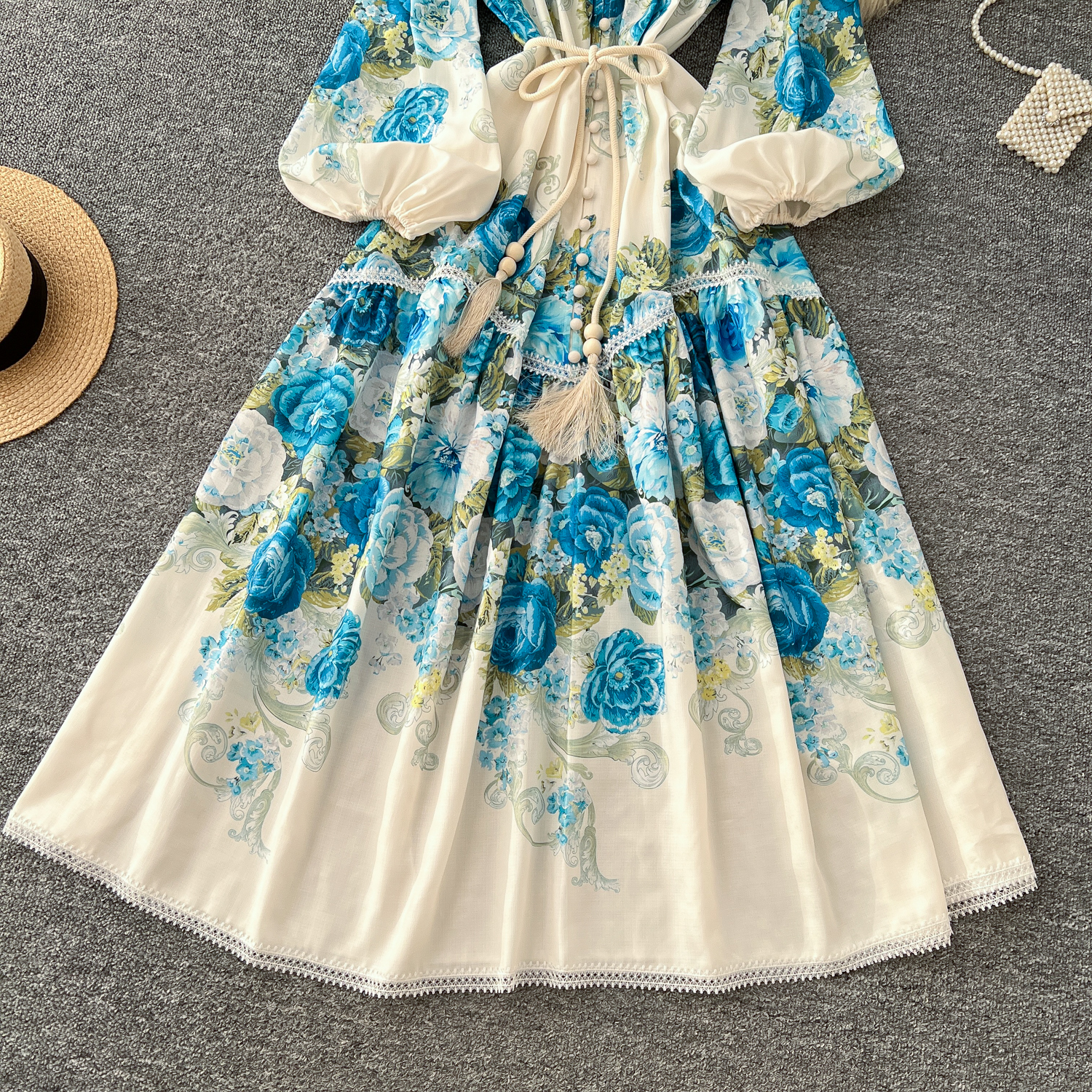 Basic Casual Dresses Spring Holiday Gorgeous Flower Linen Dress Women's V-Neck Hollow Out Lace Long Lantern Sleeve Floral Print Belt Maxi Vestido