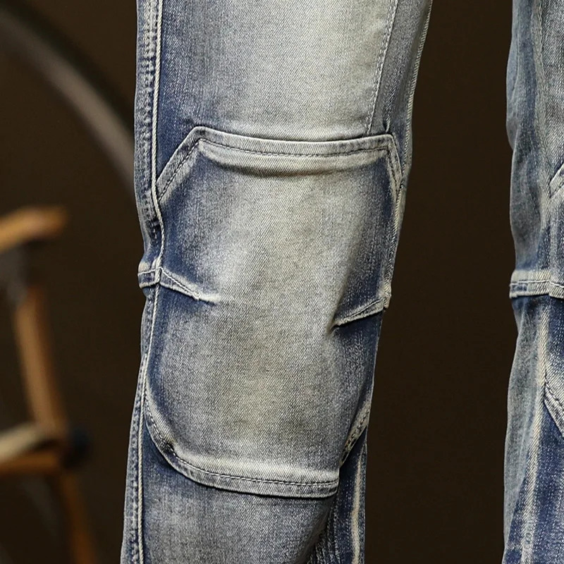 Nostalgic multi pocket work jeans mens stretch plus size slim fit military style jeans punk rock straight jeans 40 42 44 250402