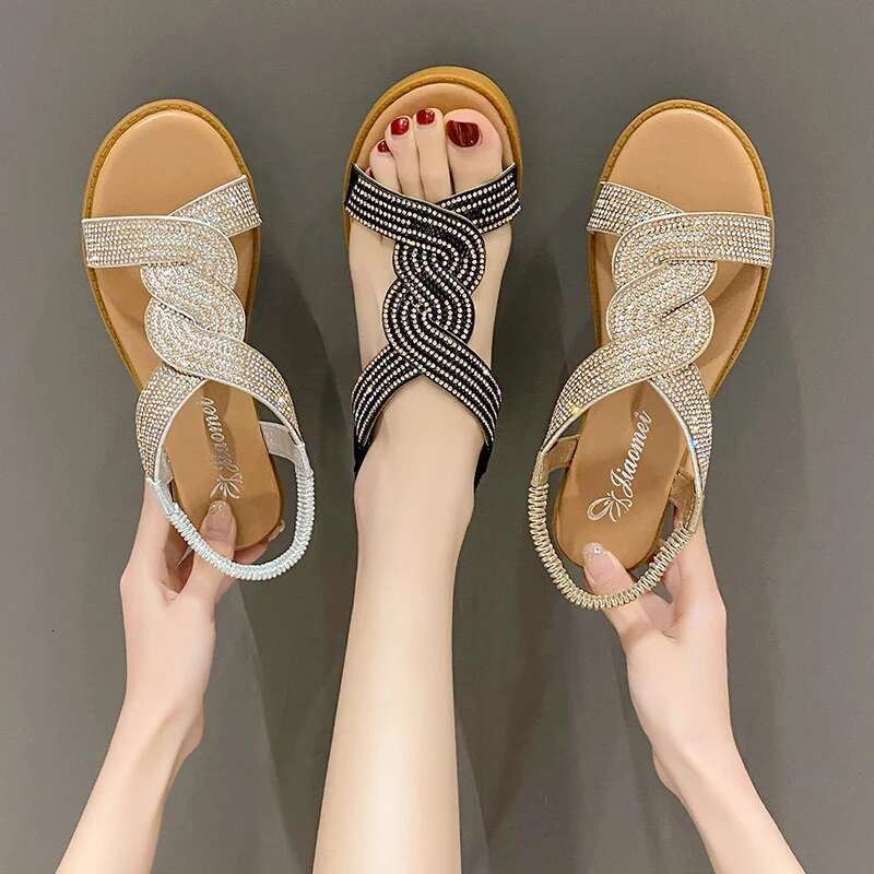 2025 Summer New Thick Bottom Sandals for Women, Fashion and Casual Roman Shoes for Women, Solid Color Crystal Sandals