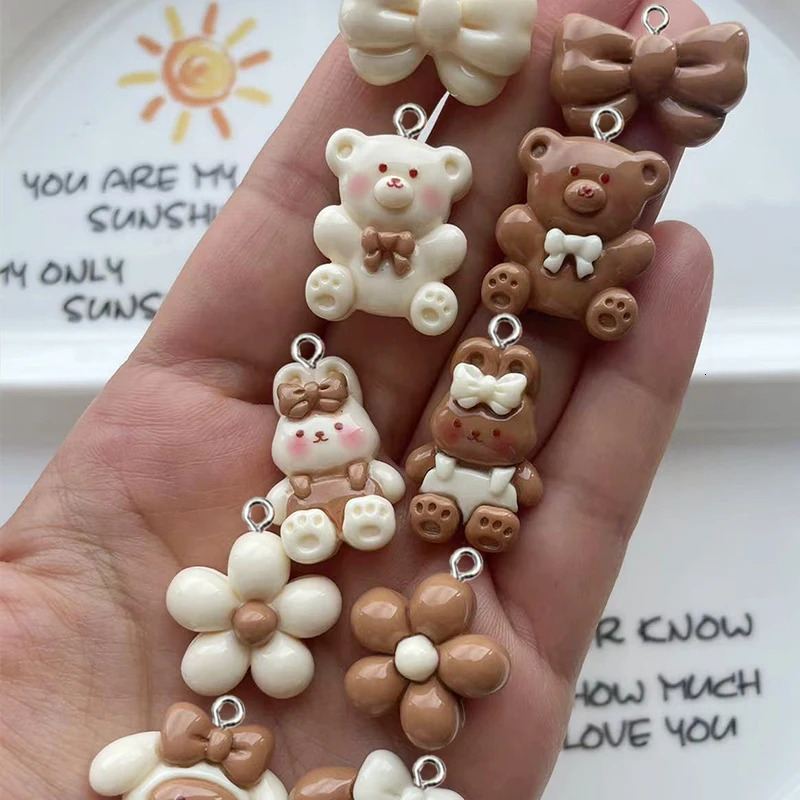 10 pieces of resin glossy milk tea color cute little rabbit panda charm animal flower star pendant for DIY jewelry making 250325