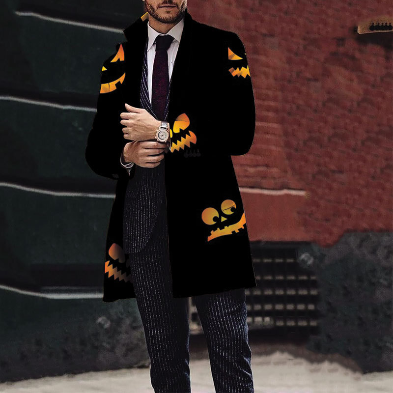 2024 new mens Christmas and Halloween printed woolen medium long coat mens woolen coat