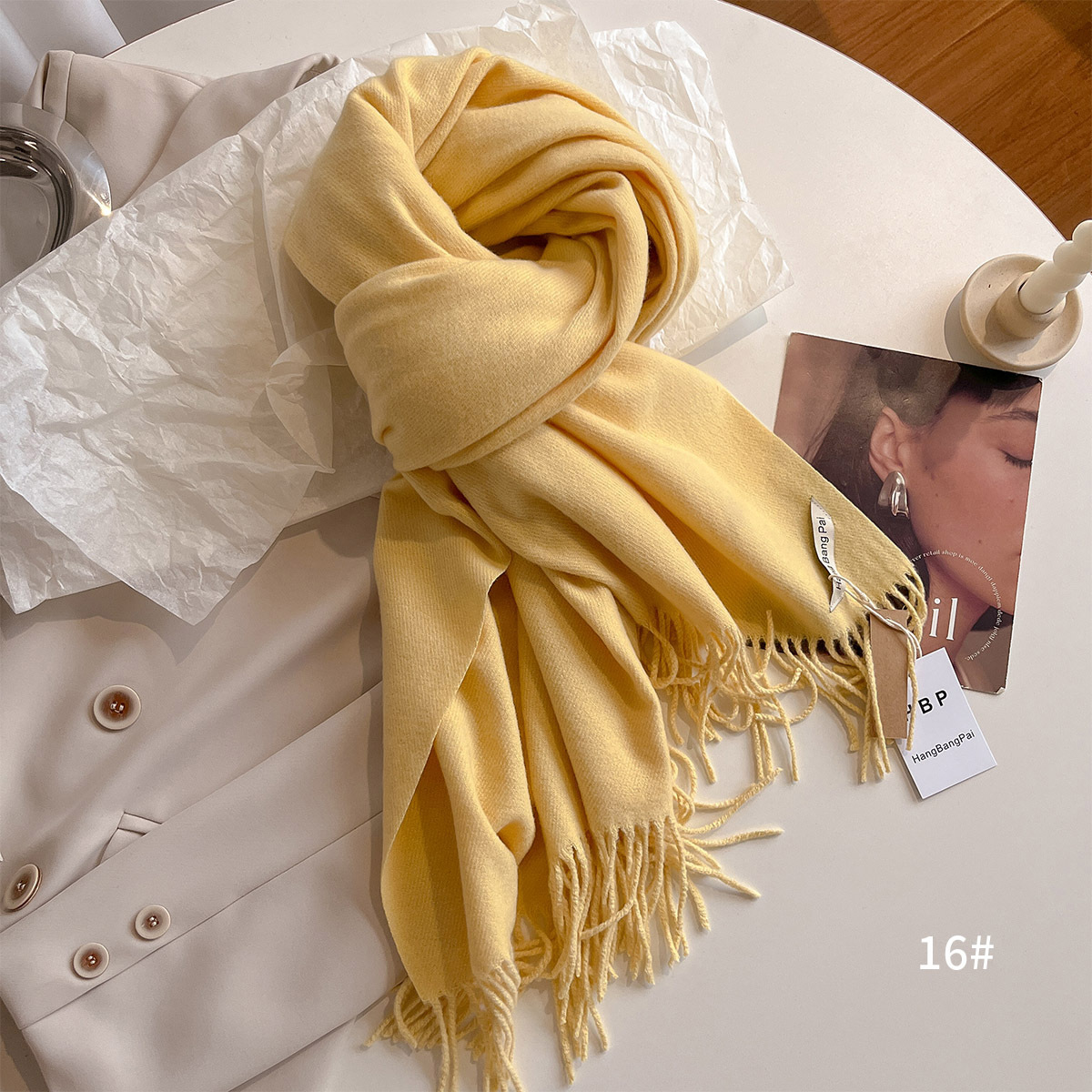 K319 Cross-border solid color tassel imitation cashmere scarf autumn and winter thick new style fashionable versatile couple blue warm neck scarf