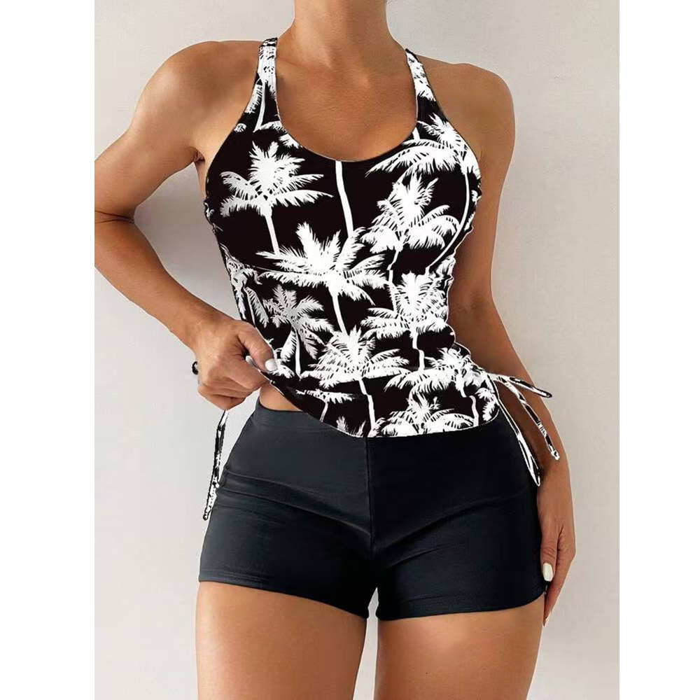 2025 new coconut tree print multi-color drawstring slimming solid color boxer shorts swimsuit for women