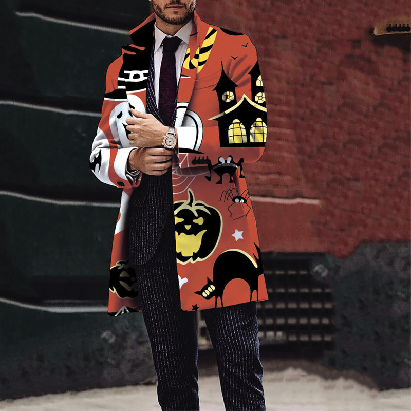 2024 Autumn/Winter New Mens Halloween Printed Woolen Medium to Long Coat Mens Woolen Coat