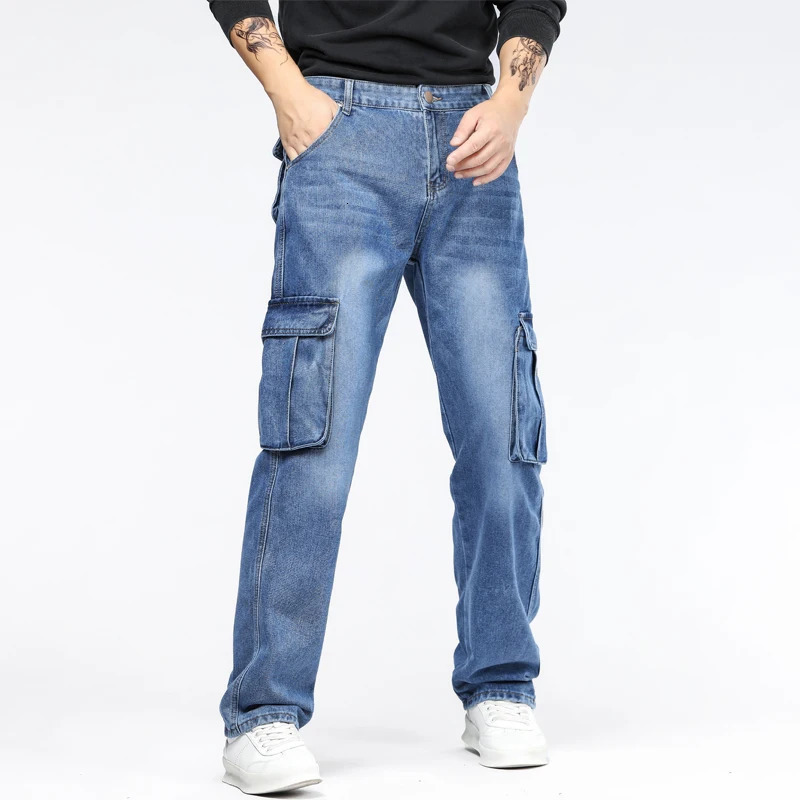 Blue pocket workwear jeans mens four season mid waist loose straight tube non elastic wear-resistant jeans 250402