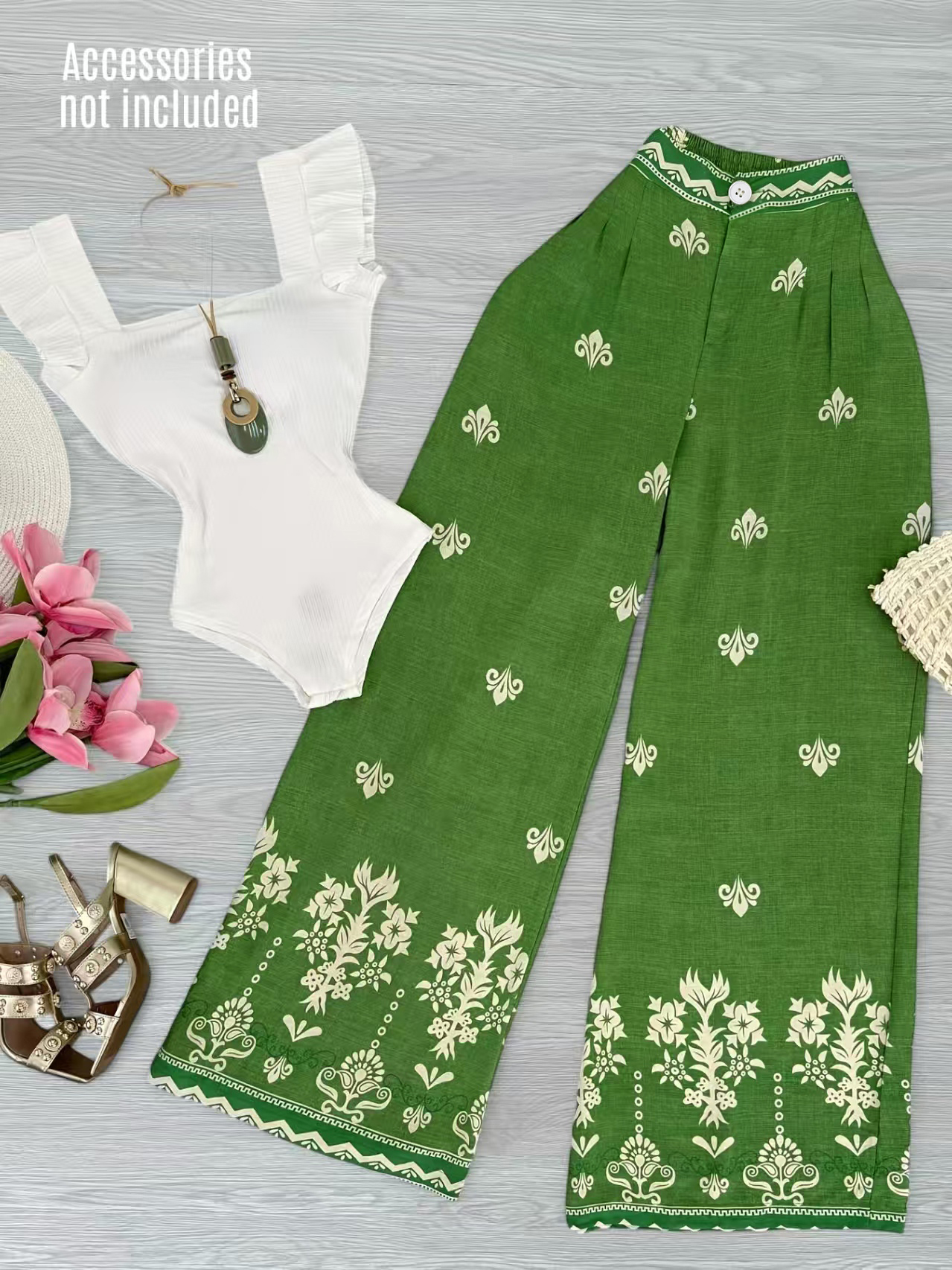 Women's Romantic Sexy Ruffle Sleeve Bodysuit & Floral Printed Wide-Leg Pants Set, Polyester Loose Vacation Outfit with White Top & Green Pants---