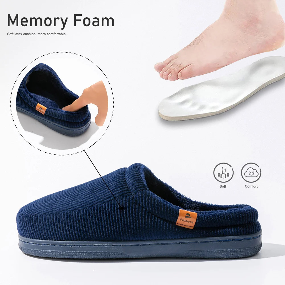 Pmoiste Stripe Corduroy House Shoes Men Warm Soft TPR Cushion Memory Foam Home Slippers Slip On Winter Indoor High-quality 251106
