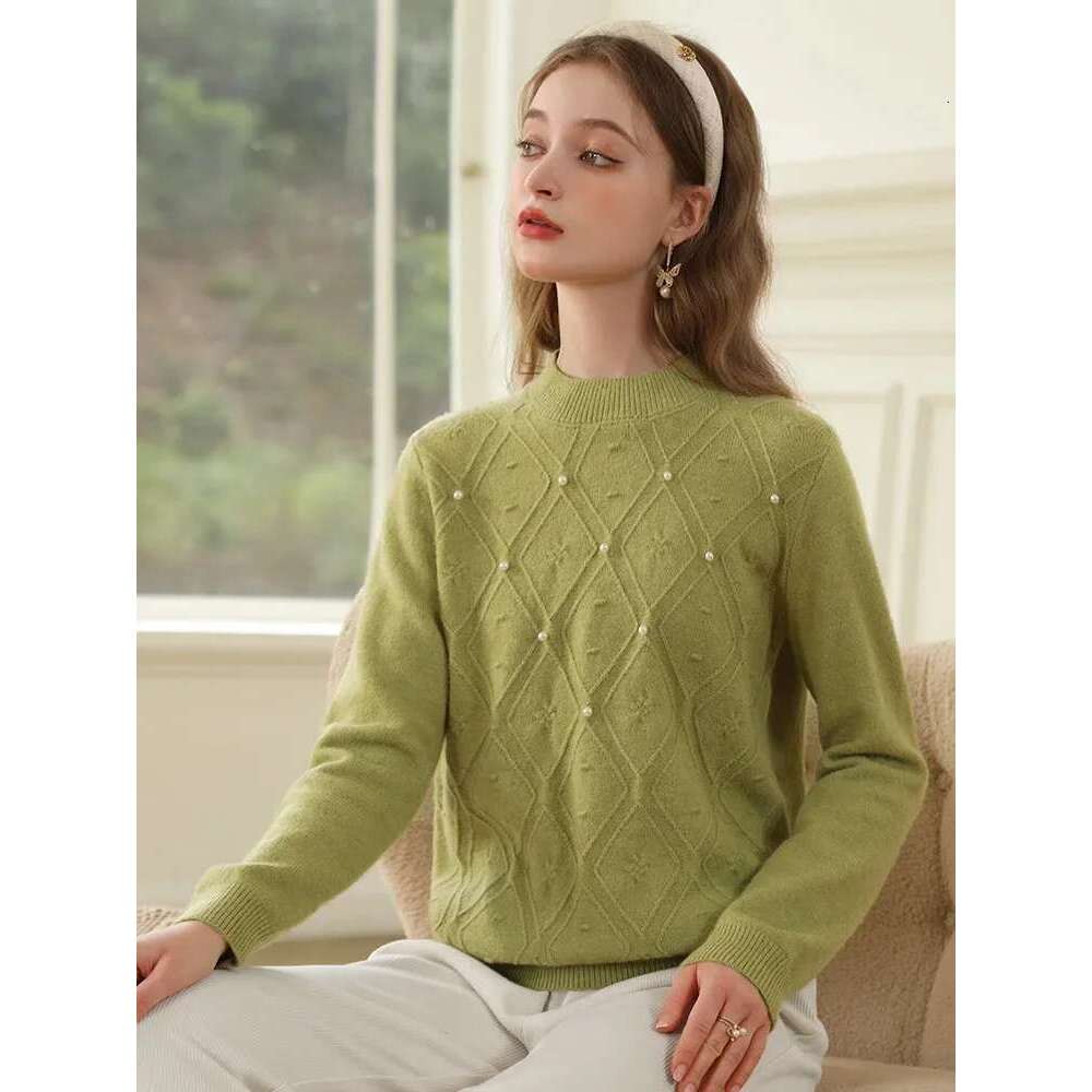Green Women's Sweaters Lazy Wind Dia Grid Nail Beads Loose Soft Knitwears Jumper Winter New