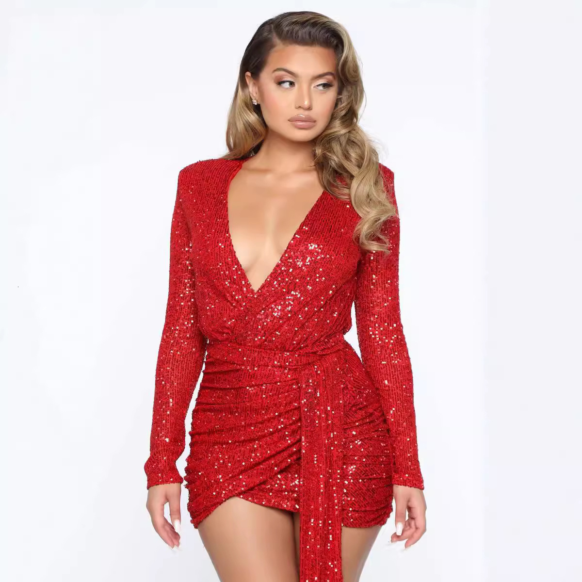 Summer 2025 Womens Dress V-neck Sequined Waist Cinching Fashion Long Sleeved Lace Up Backless Short Skirt
