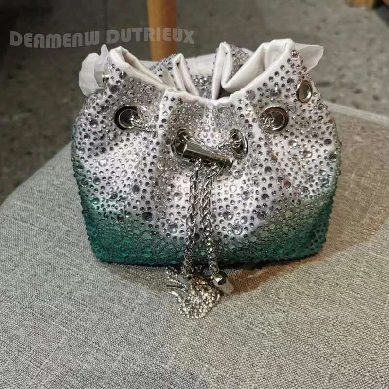 Red Mini Crystal Gradient Stone Handbag Women Party Evening Clutch Light Blue Dia Ring Drawstring Color Bg Wristlets Girl