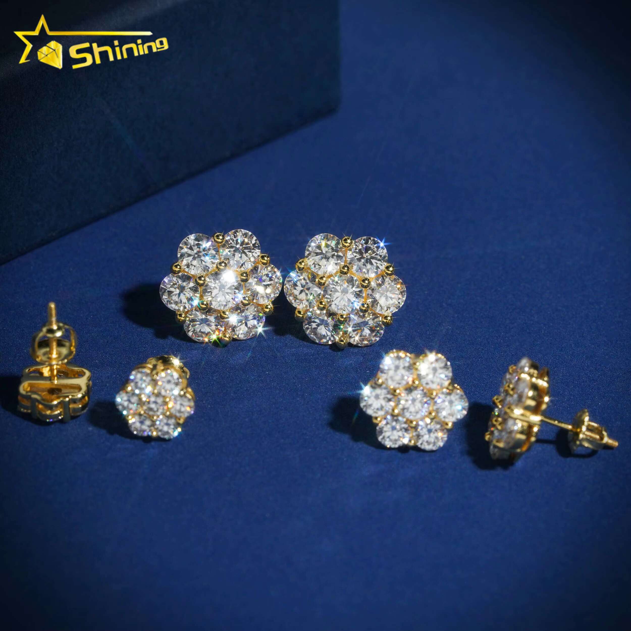 Hot Selling Trendy Sparkle Lab Grown Diamond 10k Yellow Gold Cluster Flower Mens Moissanite Earring