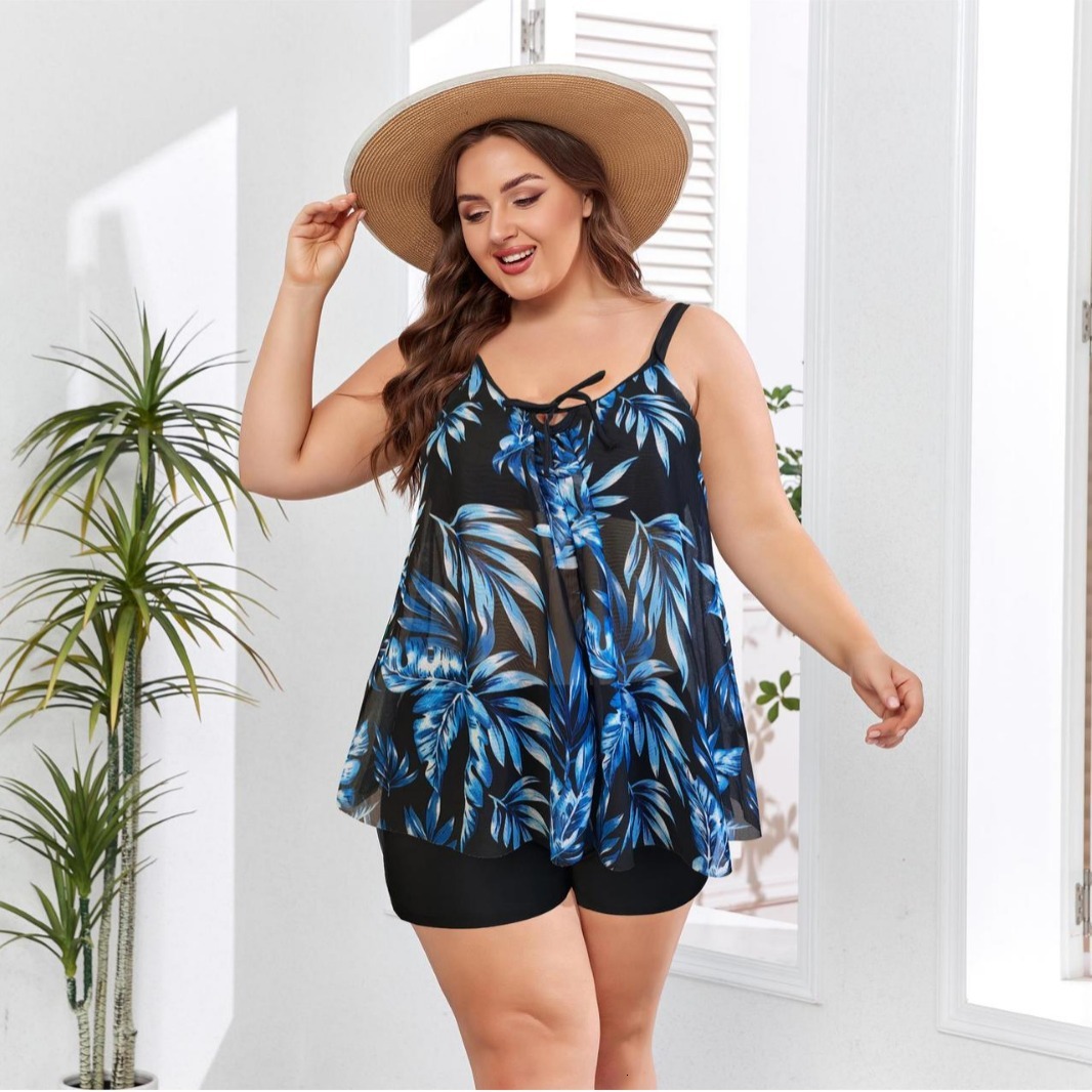 Fat and oversized skirt style split body bikini multi-color printed conservative boxer shorts set women's swimsuit