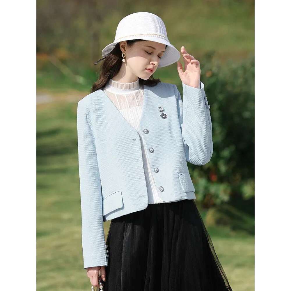 Blazers Short Coat For Women Autumn New Blue French Tweed Waffle V-Neck Fashion Gentle Chic Jacket