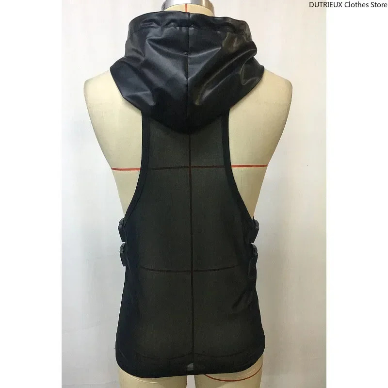 Mens leather patchwork mesh shirt motorcycle leather vest top sexy transparent hooded vest muscle vest mens fitness vest 250403