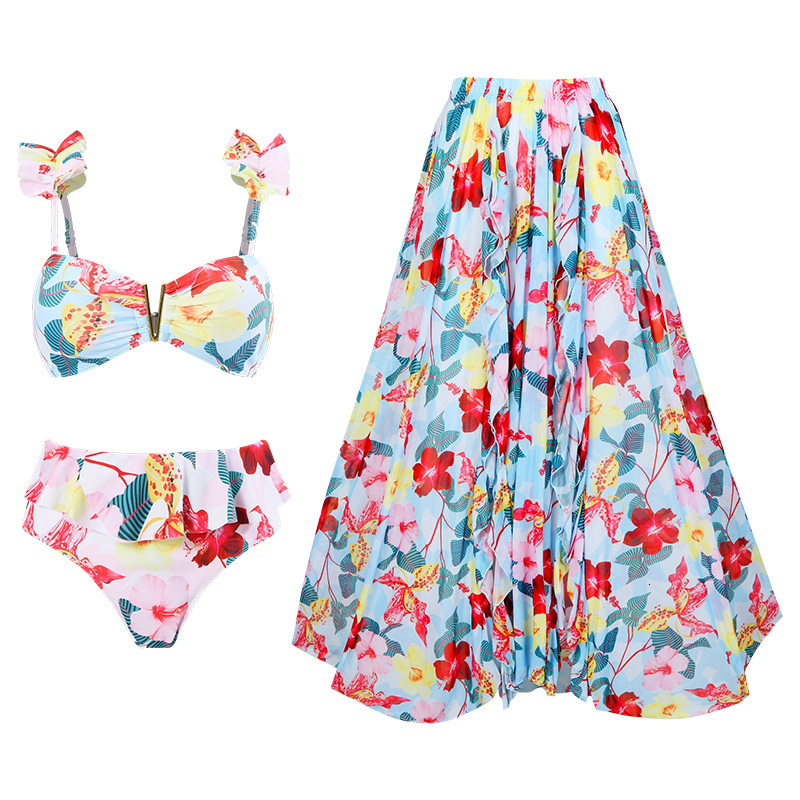 2025 New Split Women's Bohemian Style Printed Long Skirt Swimsuit