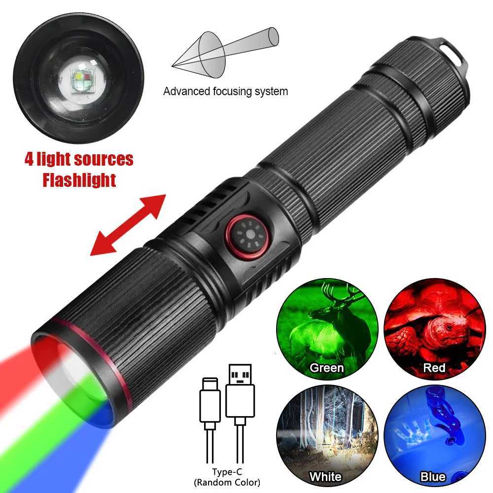 New Four Light Source Red/Green/Blue/White Super Bright Rechargeable Waterproof Flashlight Portable for CampingW251106