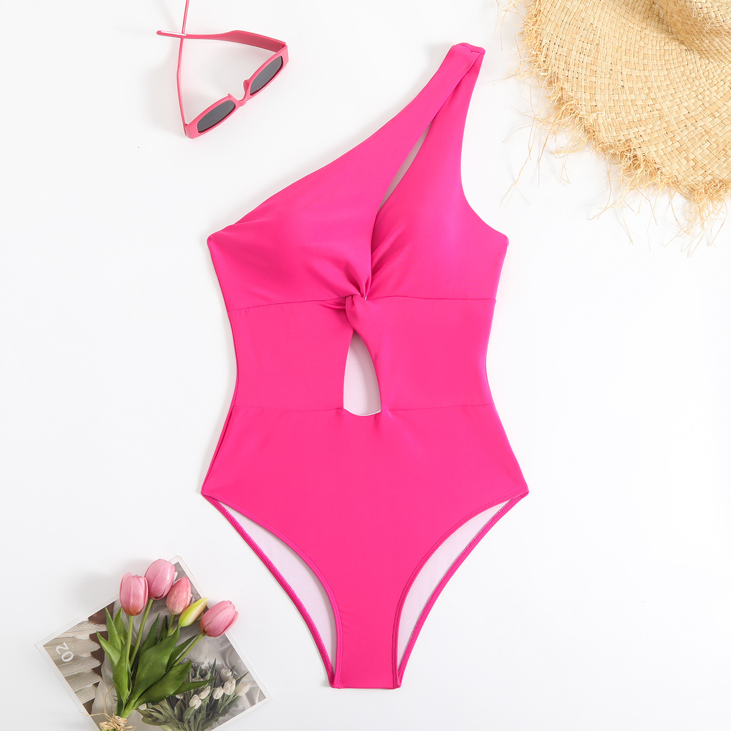 2025 new solid color one-piece triangle single shoulder tight swimsuit for women, Huludao