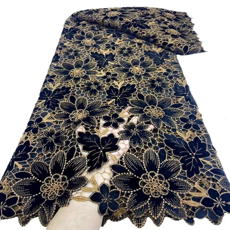 African Guipure Lace Fabric With Velvet 2024 High Quality Lace Nigerian Cord Lace Fabric Laser Embroidery Lace Senegal Style 240618