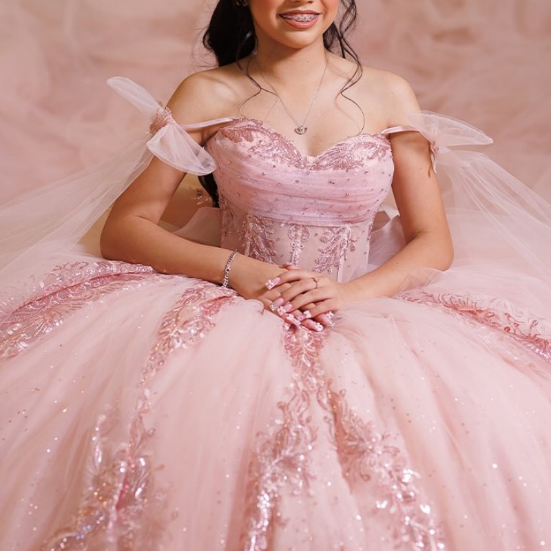 Pink Quinceanera Dresses Off Shoulder Ball Gown Sweet 16 Dress Applique Lace Beads Tull With Cape Birthday Party Vestidos 15 De Anos