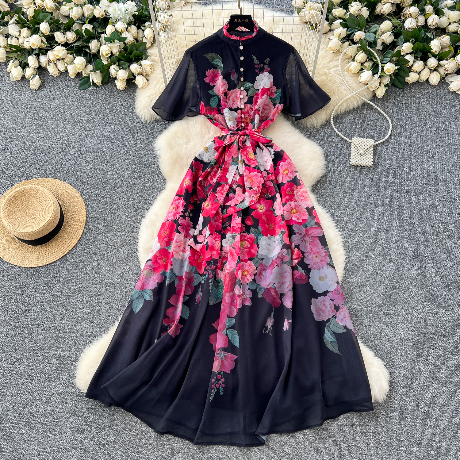 Basic Casual Dresses Summer Ruffles Chiffon Holiday Chiffon Dress Women's Stand Batwing Sleeve Gorgeous Floral Print Lace Up Belt Long Party Vest