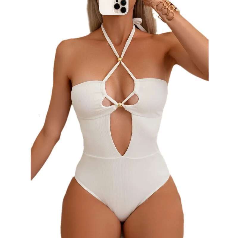 Solid Color White One Piece Swimsuit Women,high Waist Hollow Out Suspender Backless Bikini,summer Beach Bathing Suit 2024 New