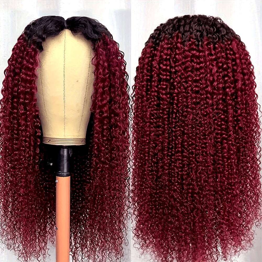 Ombre Bury Kinky Human Closure Jerry Curly Brazilian Hair Glueless Wigs With Pre Plucked 4X4 Lace Front Protective Sling Natural Look Hiensi , Premium