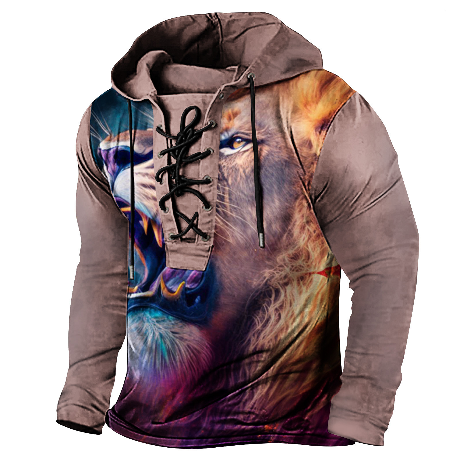 Spring mens printed hooded long sleeved T-shirt with oversized drawstring and headband for men