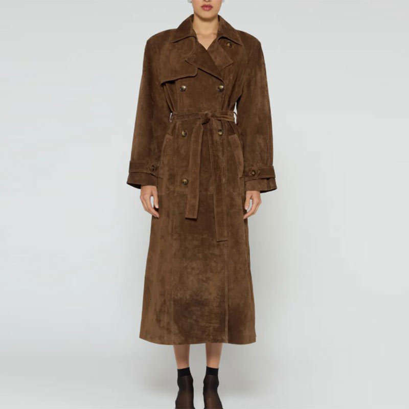 In Stock--2024 European and American Amazon Cross-Border New Women's Autumn Winter with Turn-Down Collar, Double-Breasted, Extended Length Trench